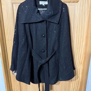 Calvin Klein Black Cape with Wide Collar and Belt